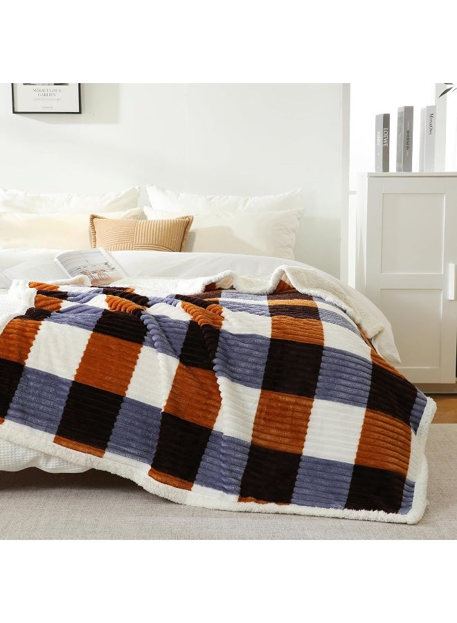 PU MEI Sherpa Blanket Twin Plaid Thick Bed Blanket, 60”*80” Super Soft Flannel Fuzzy Fleece Reversible Velvet Plush Warm Blanket for Couch (Brown Orange Check) - Image 2